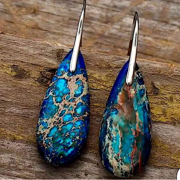 Imperial Jasper Stone Earrings Blue Silver - Picture 2 of 3